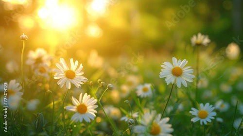 beautiful blurred background with sunlit green meadow with flowers