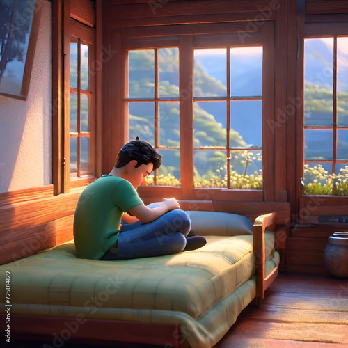 man sitting on his bed