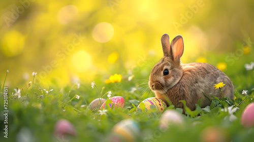 Rabbit Sitting in Grass With Eggs