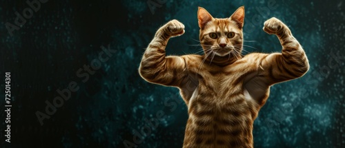 Portrait of Strong cat body builder super muscles. bodybuilder cat with arms crossed. image of a pet cats head on a human bodybuilders body on black background with copy space. Generative ai photo