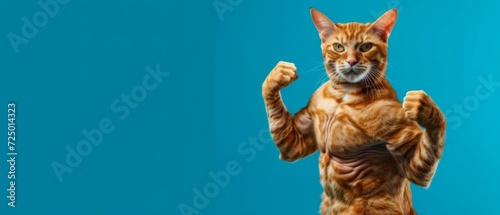 Portrait of Strong cat body builder super muscles. bodybuilder cat with arms crossed. image of a pet cats head on a human bodybuilders body on blue background with copy space. Generative ai