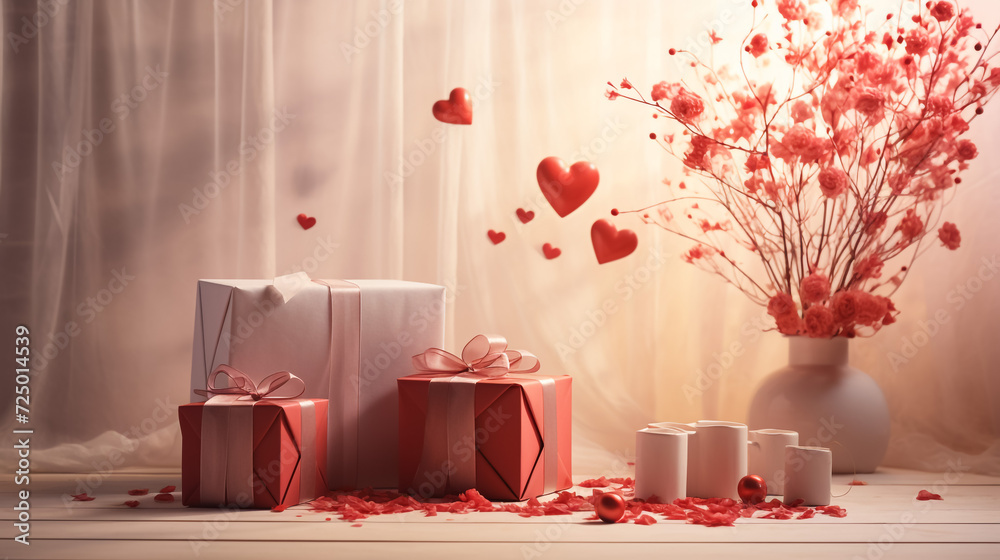 Frame made of gift boxes and paper hearts on white background. Valentine's Day celebration
