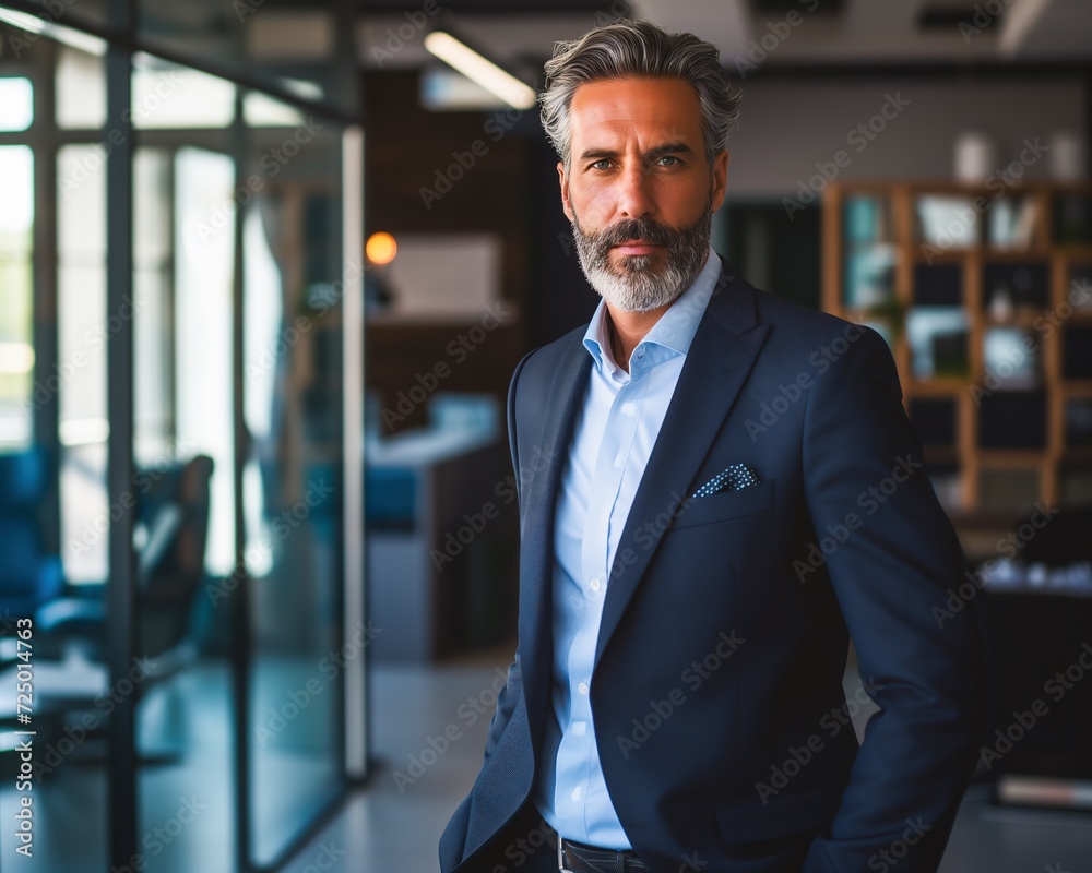 Confident mature businessman in a navy suit with a pocket square in a modern office. Confident mature businessman in a navy suit with a pocket square in a modern office.