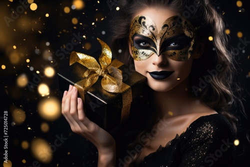 Holidays and celebrations concept. Happy gorgeous woman with makeup holding gift box on dark background