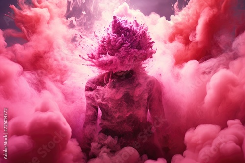 Young man, male, in an explosion of colored neon powder, isolated background. The concept of energy, force, movement. Copy space for advertising, design. Splashes of bright colors