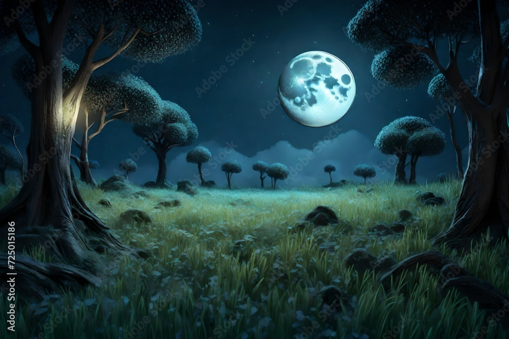 A 3D background of a moonlit forest clearing, with detailed textures of the grass and trees in the moonlight