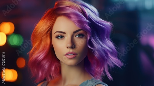 Beautiful woman with colorful hair and makeup. Beautiful face.GENERATION Ai