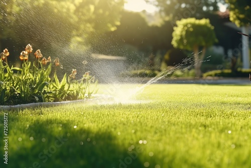 a sprinkler irrigates a flowerbed on a grass lawn with water in a summer garden. Watering green vegetation, digging in the dry season to maintain its freshness. photo