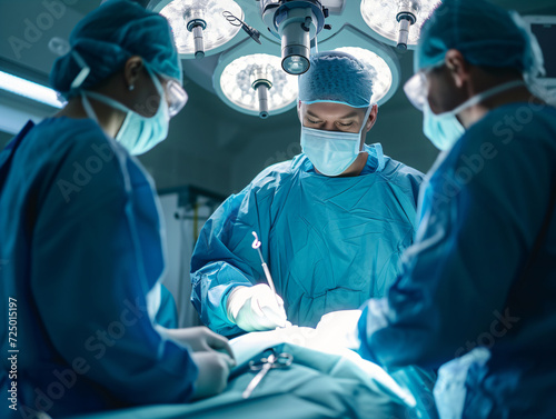 Medical professionals conducting surgery under operating lights. Healthcare and surgical procedure concept for poster and banner design. Close-up photography with medical team in action