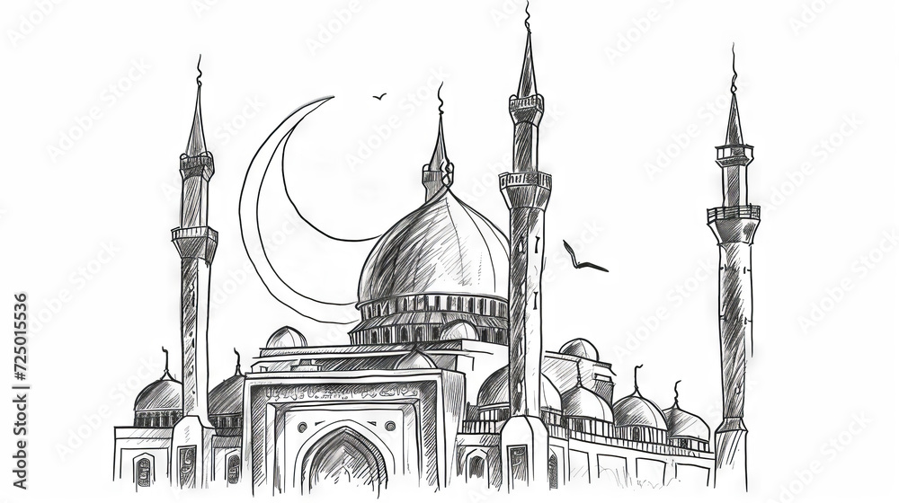 A Ramadan greeting card featuring a sketch of a grand mosque tower