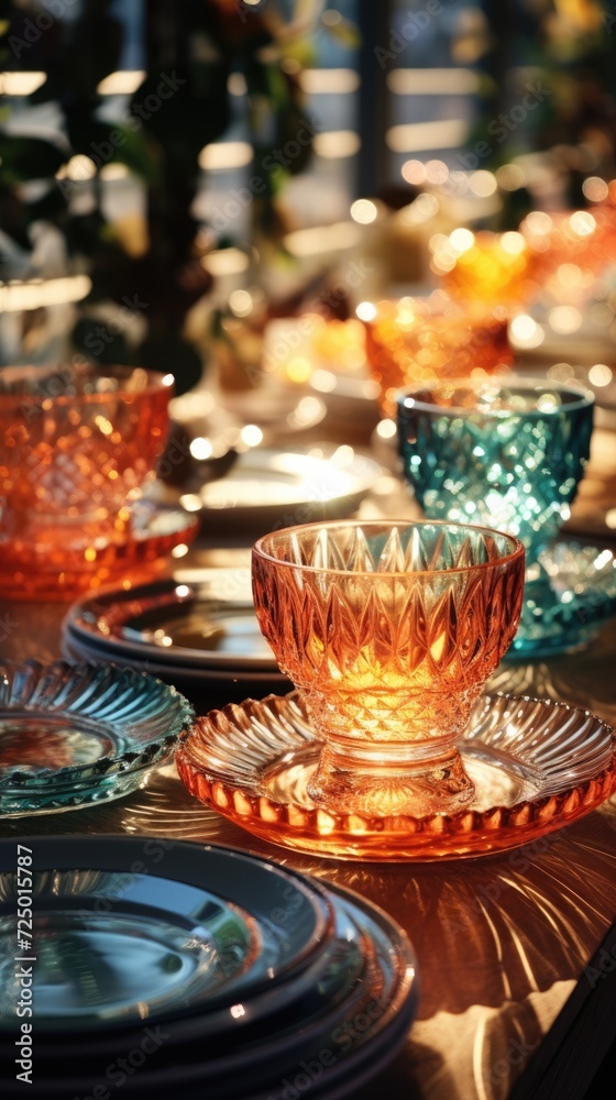 transparent glass retro dish colorful tableware, ai