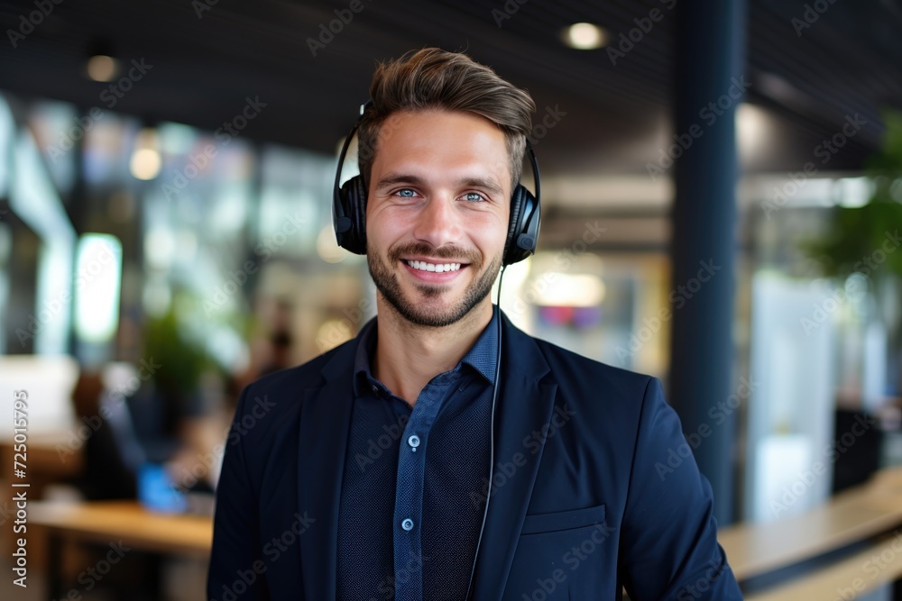 portrait of a man in the office with headphones. businessman portrait of a man in the office with headphones. businessman