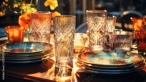 transparent glass retro dish colorful tableware, ai © Rachel Yee Laam Lai