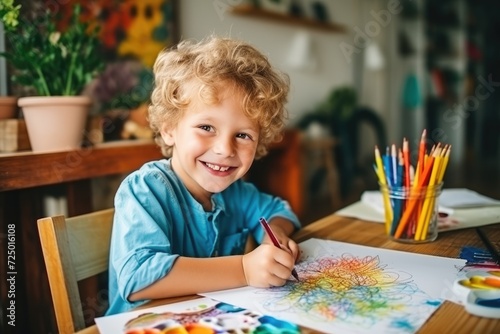 Smiling boy drawing with colored pencil at home