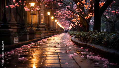 Pink cherry blossoms illuminate the city streets at dusk generated by AI photo