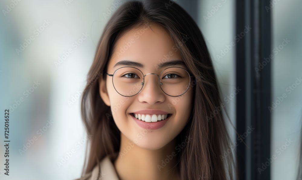 Head shot happy asian young woman in glasses - millennial brunette with healthy white toothy smile looking at camera Head shot happy asian young woman in glasses - millennial brunette with healthy white toothy smile looking at camera