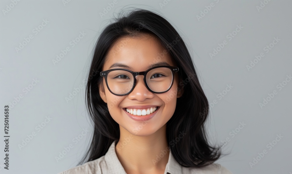 Head shot happy asian young woman in glasses - millennial brunette with healthy white toothy smile looking at camera Head shot happy asian young woman in glasses - millennial brunette with healthy white toothy smile looking at camera