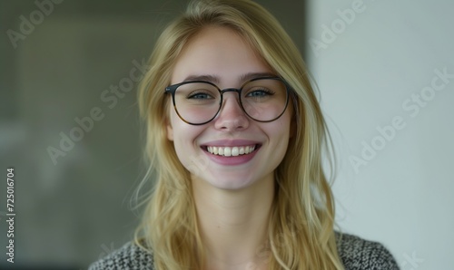 Head shot happy portrait caucasian young woman in glasses satisfied with ophthalmology services - millennial blonde with healthy white toothy smile