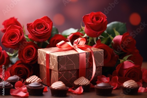 Chocolate candies and dried rose flowers heart shape composition. Sweet gift of love for St. Valentines Day.