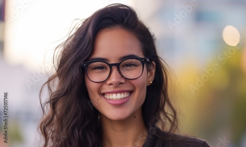 Head shot happy portrait young woman in glasses on outdoor background - millennial brunette girl with healthy white toothy smile