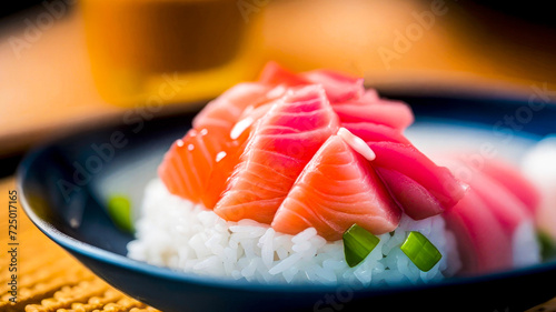 A piece of red fish with rice. The tuna fish is served and looks appetizing. Japanese restaurant concept