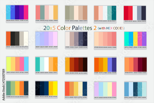 20x5 Color Palettes 2 with Hex Codes Vector, Discover 20 Sets of Vibrant Vector Color Palettes - 5 Unique Colors Each for Stylish Designs: Light, Dark, Vintage, Retro Inspirations, New