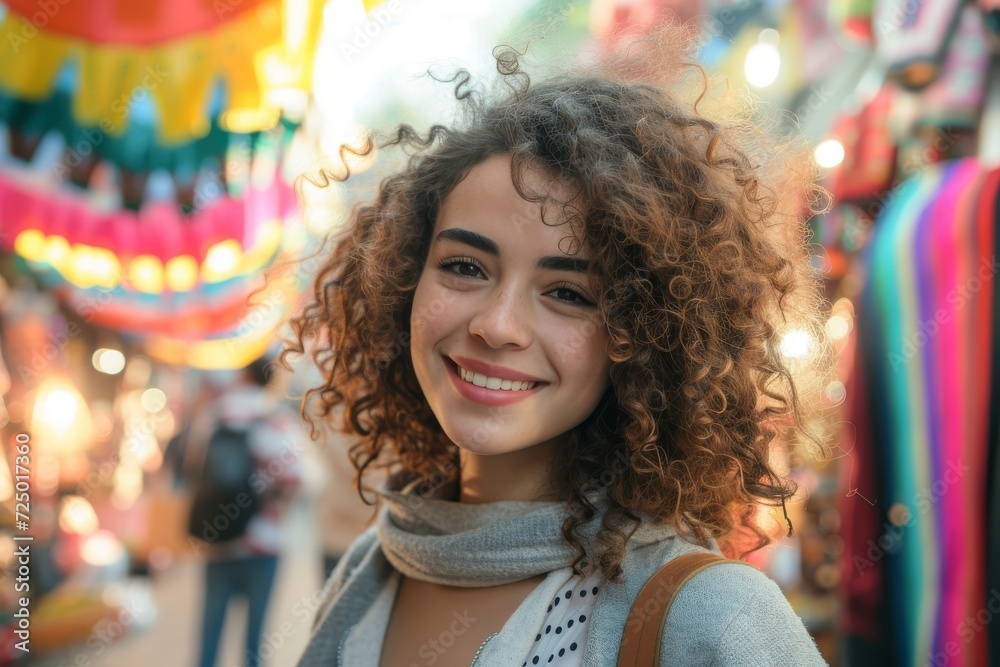 Young woman with curly hair in a colorful street market