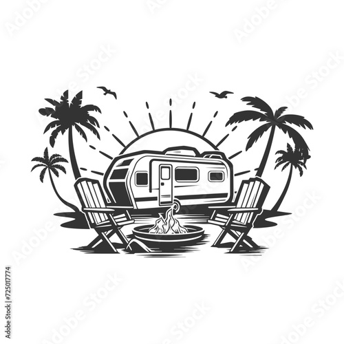RV Beach Illustration Clip Art Design Shape. Camping Silhouette Icon Vector.