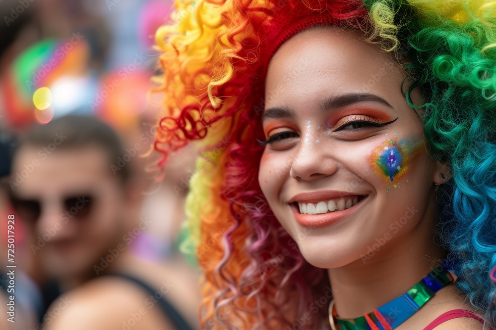 Young woman with rainbow curly hair participating in a vibrant street parade Young woman with rainbow curly hair participating in a vibrant street parade