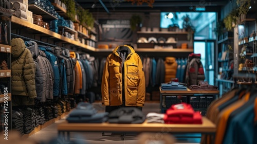 Large empty stand mockup for advertising in a store with men's jackets