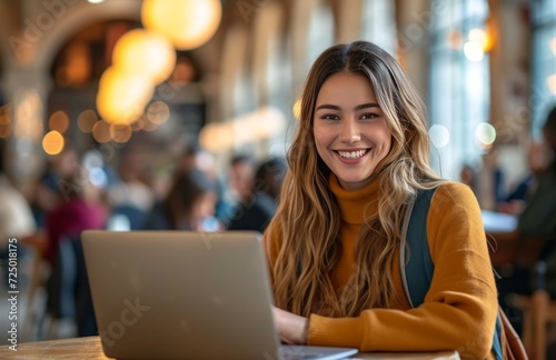 woman using laptop in cafe. smiling © olegganko