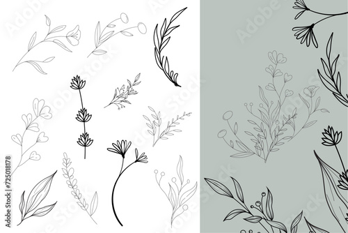 Hand drawn line floral branch and minimalist flowers. Wedding herb and elegant leaves for invitation save the date card. Logo and tattoo. Vector illustration