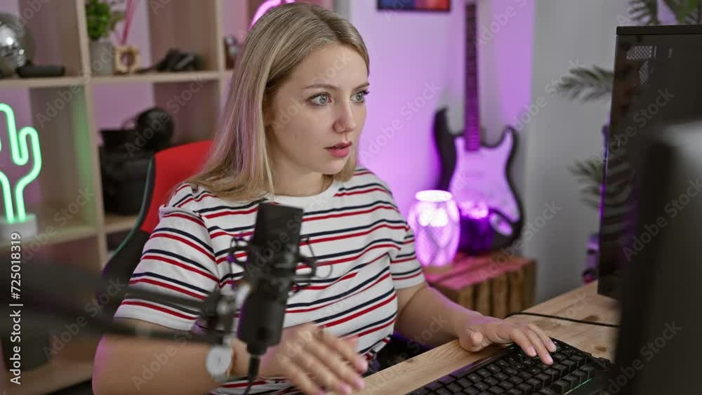Worried young blonde female streamer stressed over gaming crisis, hand on forehead in frustration, anxiously trying to fix problem in dark gaming room Worried young blonde female streamer stressed over gaming crisis, hand on forehead in frustration, anxiously trying to fix problem in dark gaming room