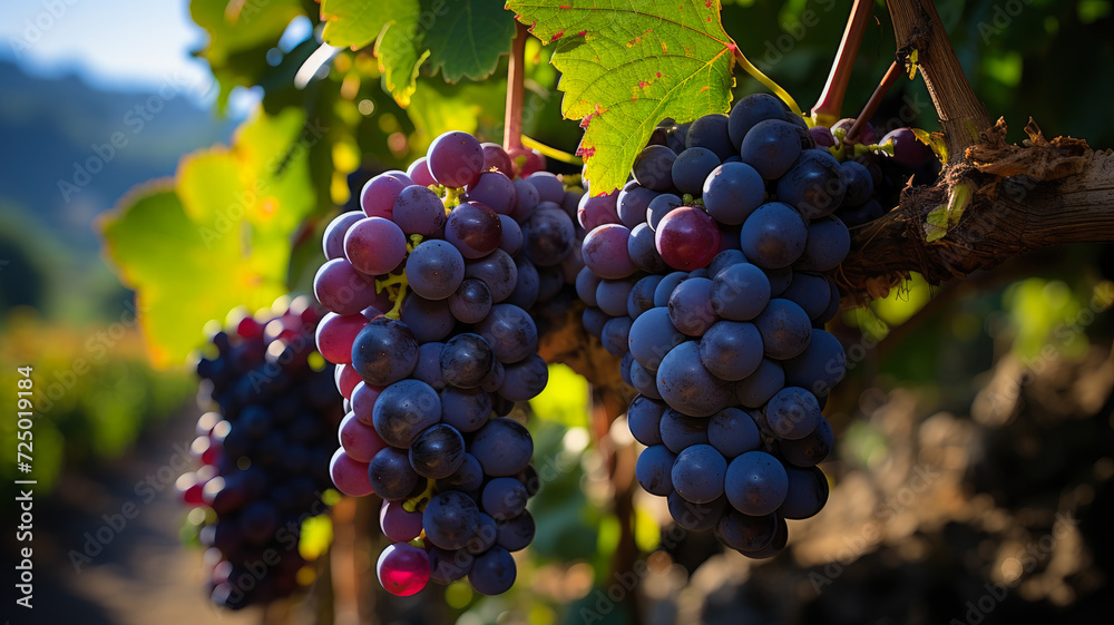 Vibrant Vineyard Elegance - Ripe Purple Grape Clusters Bathed in Sunlight for Fine Wine Production - AI Generated 