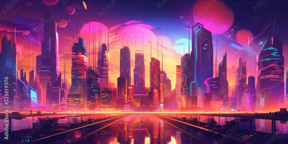 retrowave neon city wide banner with place for text. Technological cyberpunk modern design trendy original Poster, invitation, flyer, banner, email, header, social media post. Generative Ai content