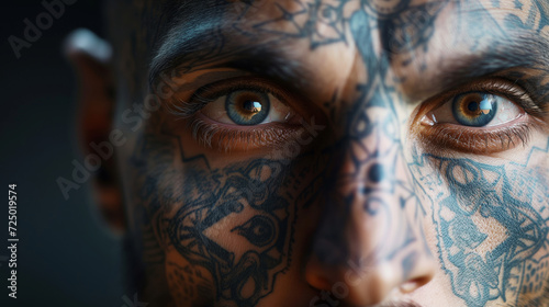 Closeup of the fully tattoed face of a man