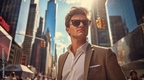 A confident and fashionable young man, standing amidst a bustling urban street