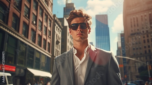 A confident and fashionable young man, standing amidst a bustling urban street