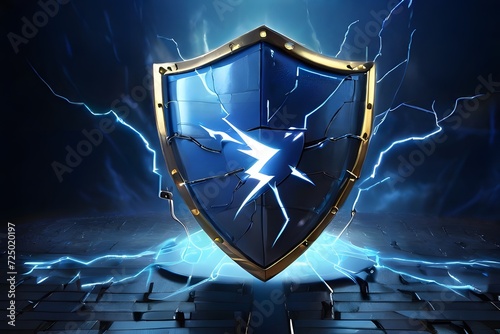 cyber security , data privacy concept. A glowing blue shield with lightning bolt, keyboard in background.