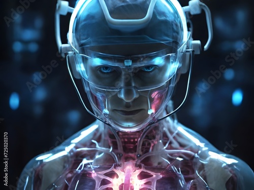 A patient wearing a cyborg holographic diagnostic suit exoskeleton that displays all his vital organs and blood flow. concept of futuristic medical advancements.