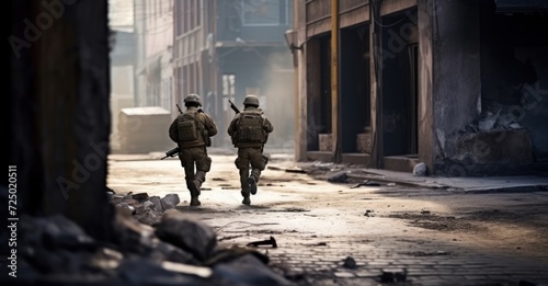 Wallpaper Mural Two soldiers navigating a war-torn city, showcasing intensity and teamwork in urban warfare Torontodigital.ca