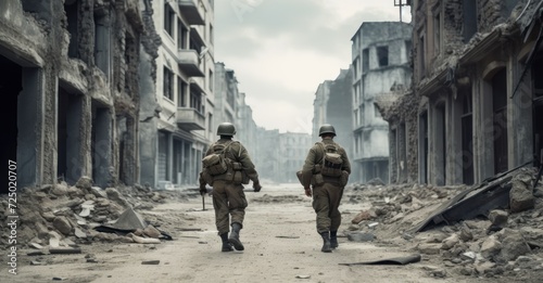 Two soldiers navigating a war-torn city, showcasing intensity and teamwork in urban warfare © Stock Pix