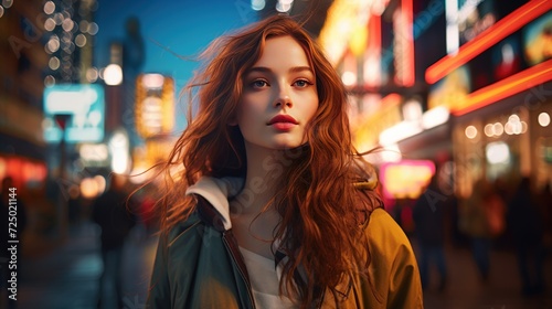 A fashionable young woman, standing confidently on a busy pedestrian street, colorful city lights glowing in the evening
