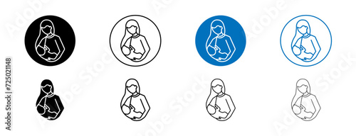 Breastfeeding Line Icon Set. Mother feeding breast milk to baby symbol in black and blue color.