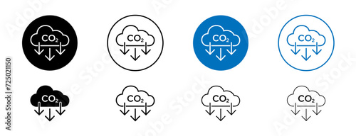 CO2 Emissions Line Icon Set. Low carbon dioxide emissions reduction symbol in black and blue color. photo