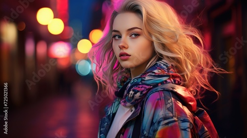 A modern street fashion, surrounded by vibrant city lights