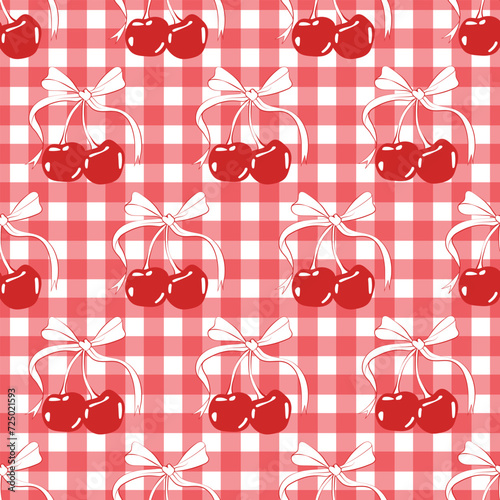 Cherry Coquette Bow Tie Ribbon Gingham Cute Vintage Grunge Seamless Background Pattern