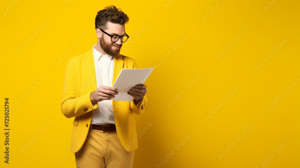 A man dressed in yellow stands against a yellow background holding a single piece of paper, the look on his face lets you know that he is contemplating what it says.  Photographed in studio. 