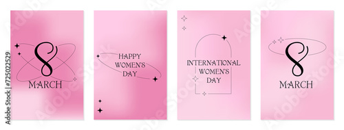 International Women's Day. 8 March banner, set greeting card. Trendy blurry gradients, typography, y2k, linear forms. Minimalist design for party, ads, cover, social media templates