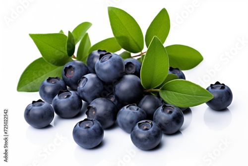 Fresh blueberries with leaves isolated on white background. Studio shot. Ai Generated.